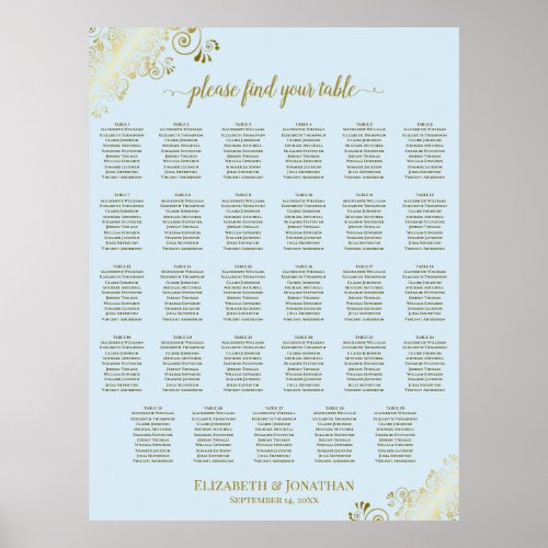 Gold & Powder Blue 29 Table Wedding Seating Chart