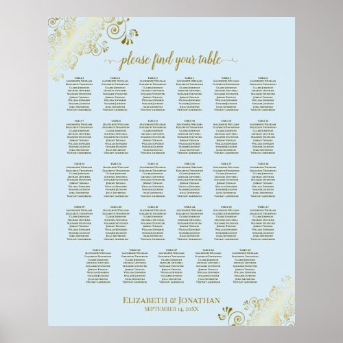 Gold  Powder Blue 29 Table Wedding Seating Chart