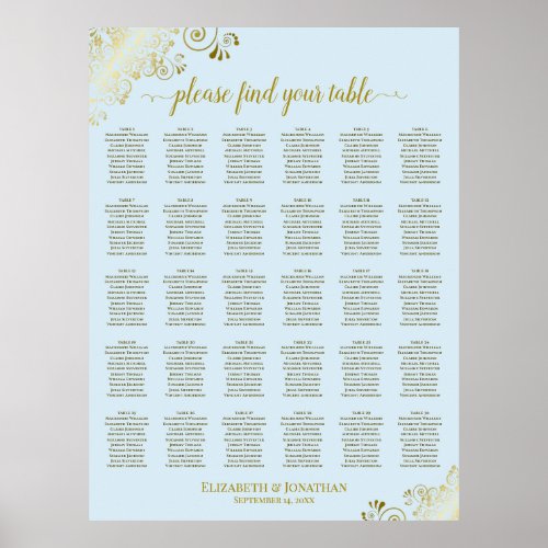 Gold & Powder Blue 30 Table Wedding Seating Chart