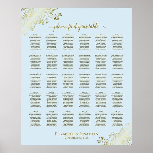 Gold  Powder Blue 30 Table Wedding Seating Chart
