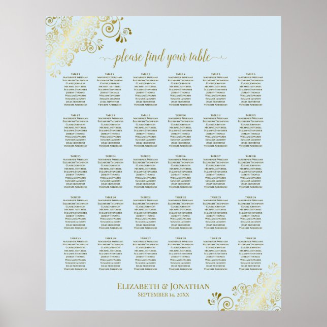 Gold & Powder Blue 30 Table Wedding Seating Chart (Front)
