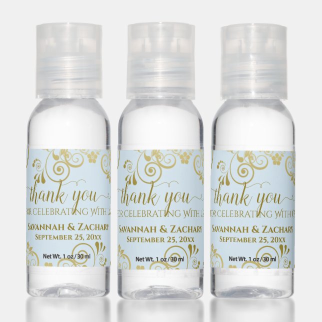 Gold & Powder Blue Elegant Wedding Favor Thank You Hand Sanitizer (Set)