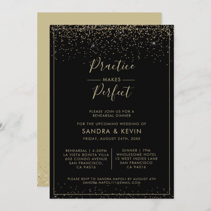 Gold practice makes perfect rehearsal dinner invitation | Zazzle