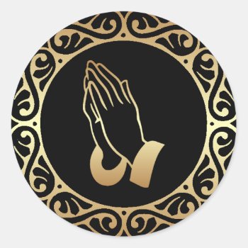 Gold Praying Hands Classic Round Sticker by DawnMorningstar at Zazzle