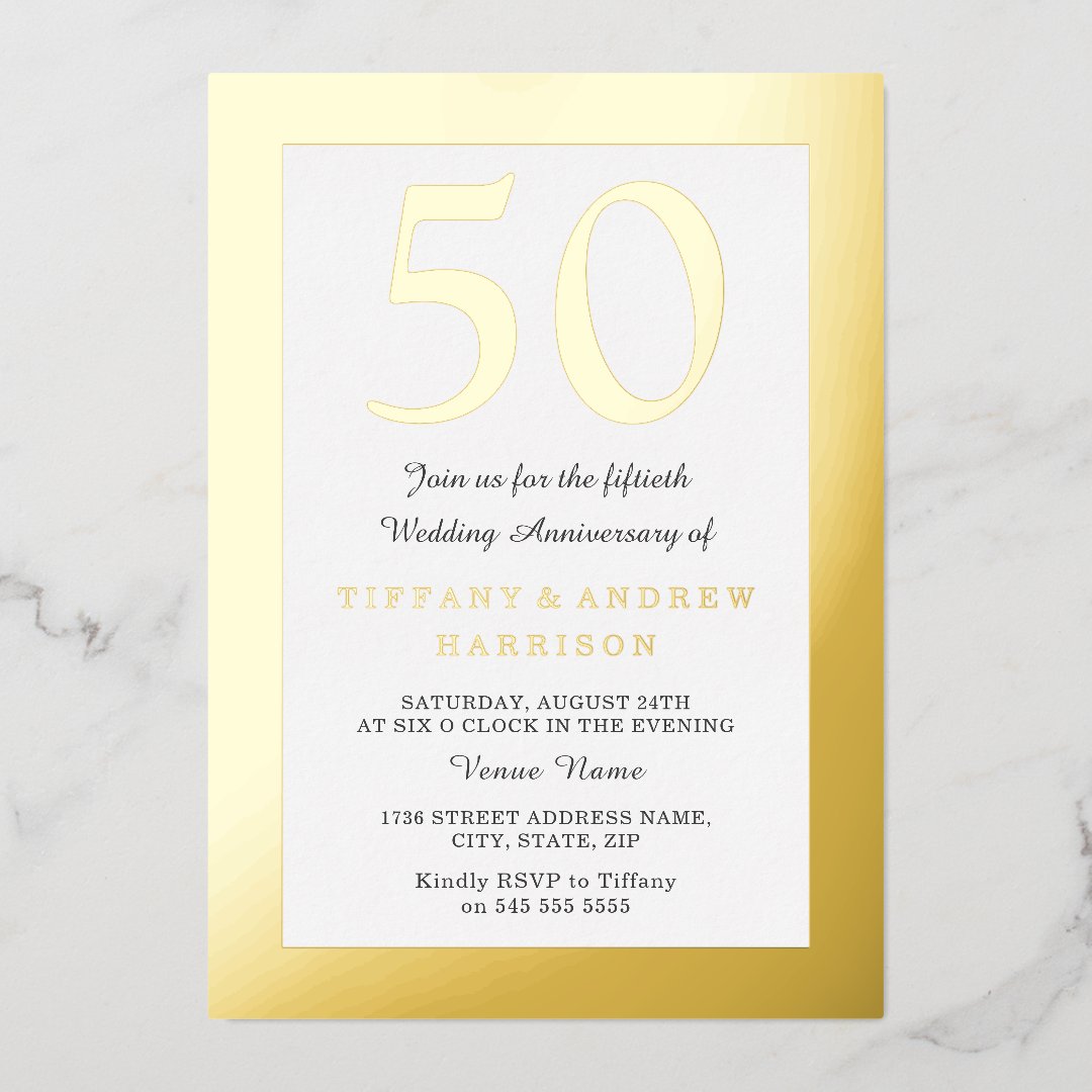 Gold Pressed Border 50th Wedding Anniversary Gold Foil Invitation | Zazzle