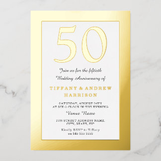 Gold Pressed Border 50th Wedding Anniversary Gold Foil Invitation