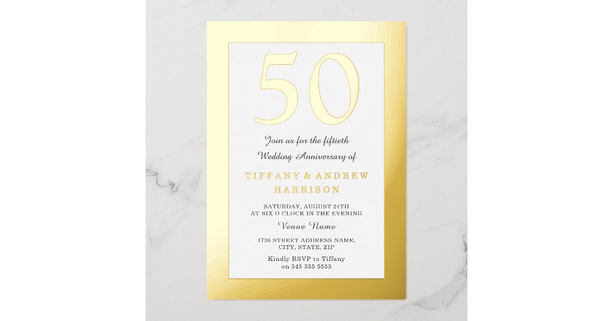 Gold Pressed Border 50th Wedding Anniversary Gold Foil Invitation | Zazzle