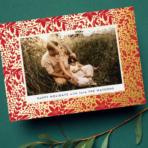 Gold Pressed Botanical Floral Frame Photo Happy Foil Holiday Card