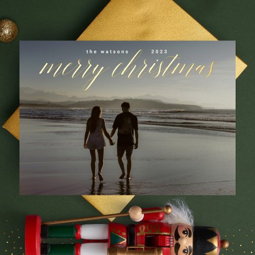 Gold Pressed Calligraphy Merry Christmas Photo Foil Holiday Card