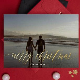 Gold Pressed Calligraphy Merry Christmas Photo Foil Holiday Card