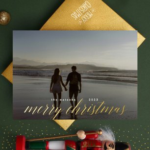 Gold Pressed Calligraphy Merry Christmas Photo Foil Holiday Card