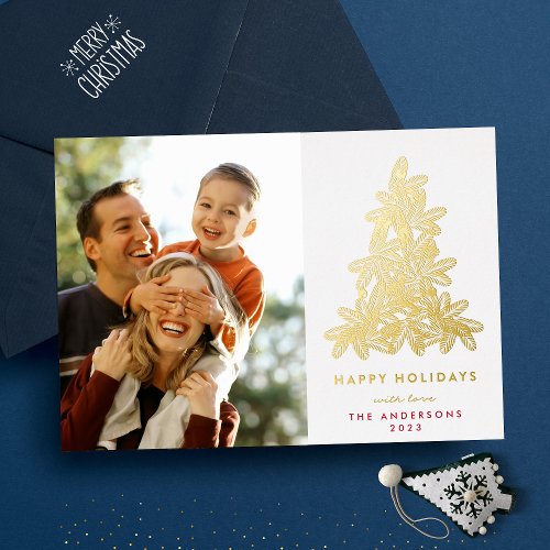 Gold Pressed Christmas Pine Tree Photo Foil Holiday Card