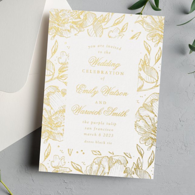 Gold Pressed Elegant Hand Drawn Floral Wedding Foil Invitation (Creator Uploaded)
