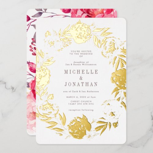 Gold Pressed Flower Wreath Wedding Foil Invitation