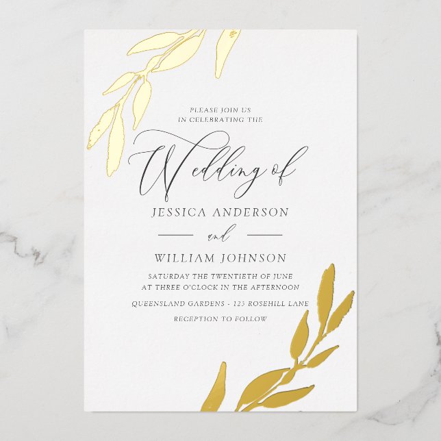 Gold Pressed Foil Leaf Supremely Elegant Wedding Foil Invitation (Front)