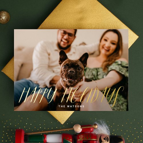 Gold Pressed Lettering Happy Holidays Photo Foil Holiday Card