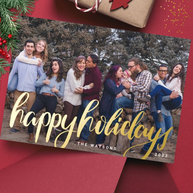 Gold Pressed Lettering Photo Happy Foil Holiday Card (Creator Uploaded)