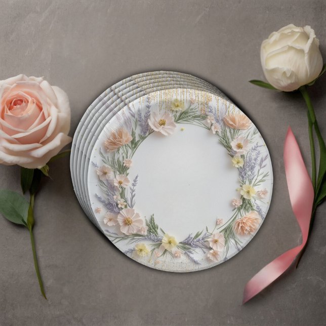 Gold Pressed Wildflower in Bloom Baby Shower Paper Plates (Creator Uploaded)