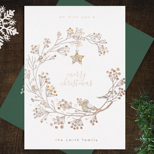 Gold Pressed Wreath Merry Christmas Happy New Year Foil Holiday Card