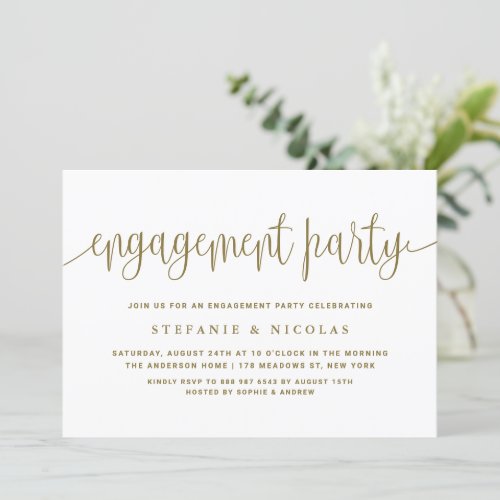 Gold Pretty Calligraphy Engagement Party Invitation