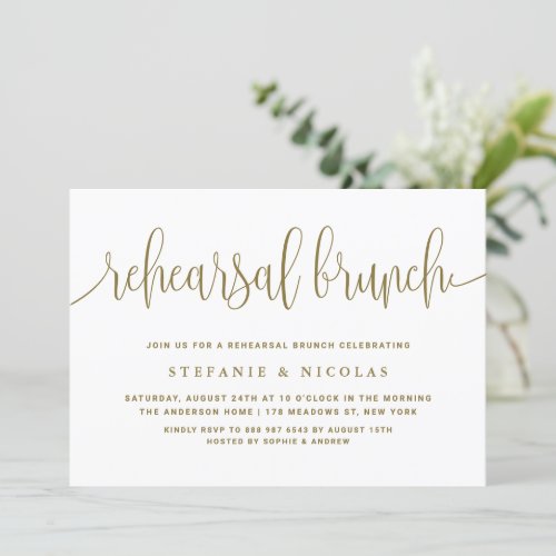 Gold Pretty Calligraphy Rehearsal Brunch Invitation