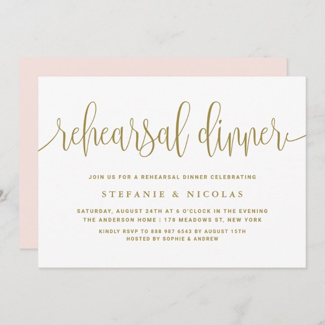 Gold Pretty Calligraphy Rehearsal Dinner Invitation (Front/Back)