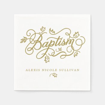 Gold Pretty Calligraphy Script Floral Baptism Napkins by KeikoPrints at Zazzle