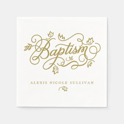 Gold Pretty Calligraphy Script Floral Baptism Napkins