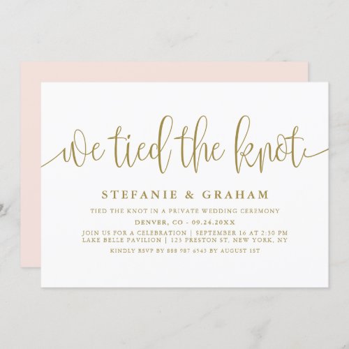 Gold Pretty Calligraphy We Tied The Knot Wedding Invitation