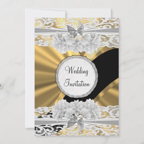 Gold pretty feminine white lace wedding invitation
