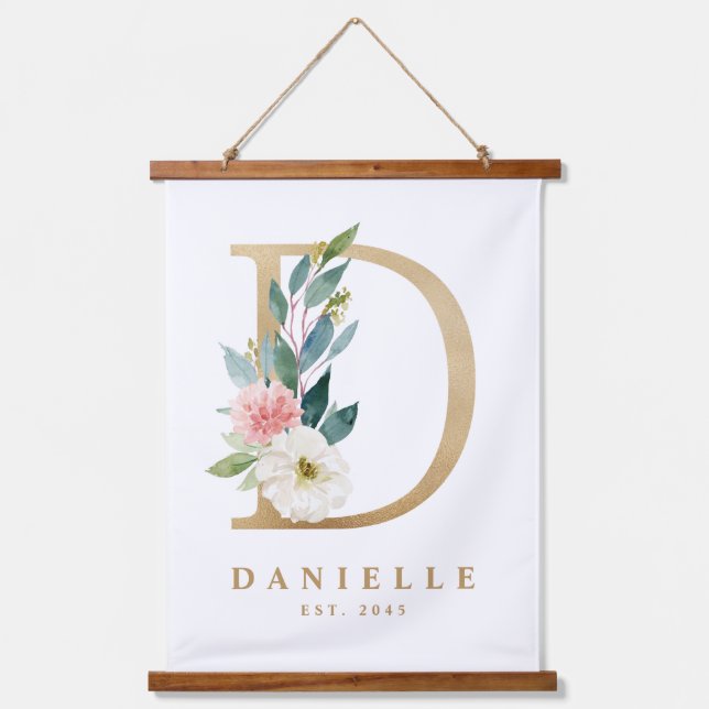 Gold Pretty Floral Monogram Letter D Baby Nursery Hanging Tapestry (Front)