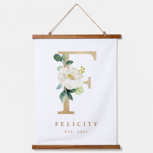 Gold Pretty Floral Monogram Letter F Baby Nursery Hanging Tapestry