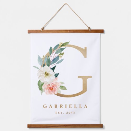 Gold Pretty Floral Monogram Letter G Baby Nursery Hanging Tapestry