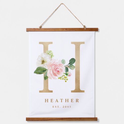 Gold Pretty Floral Monogram Letter H Baby Nursery Hanging Tapestry