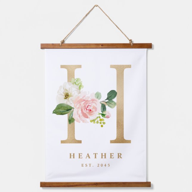 Gold Pretty Floral Monogram Letter H Baby Nursery Hanging Tapestry (Front)