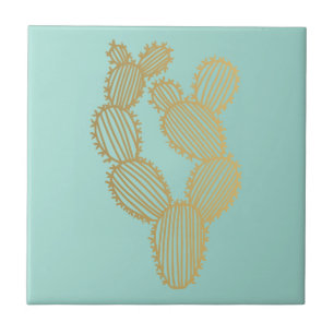 Gold Prickly Cactus Doodle Ceramic Tile