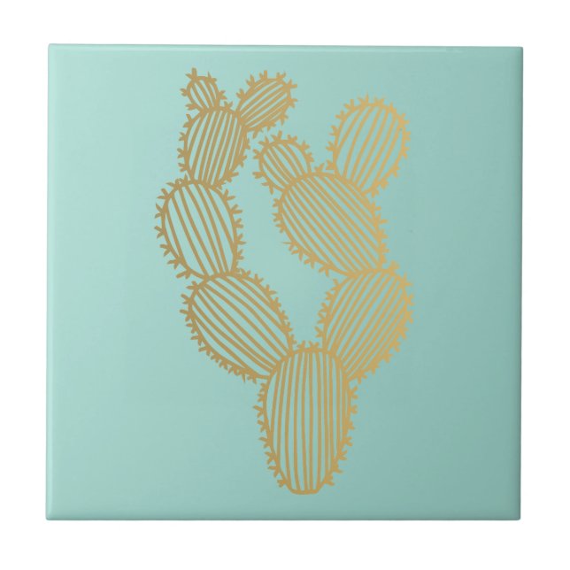 Gold Prickly Cactus Doodle Ceramic Tile (Front)