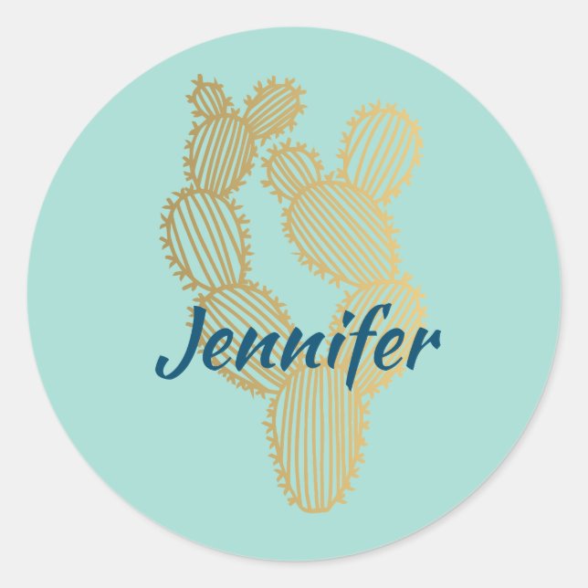 Gold Prickly Cactus Doodle Personalized  Classic Round Sticker (Front)