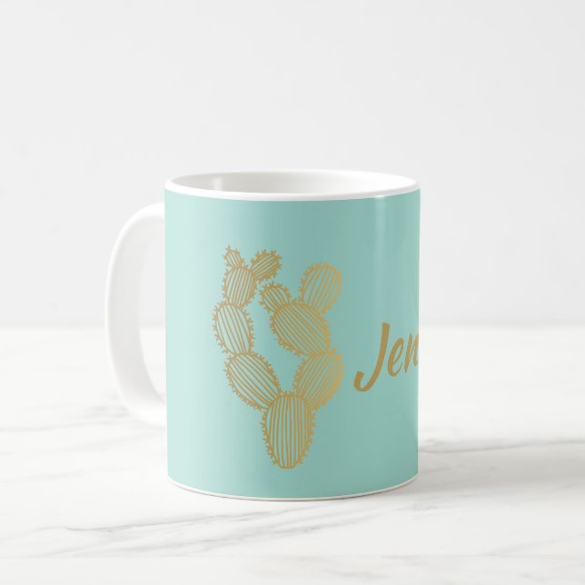 Gold Prickly Cactus Doodle Personalized Coffee Mug (Front Left)