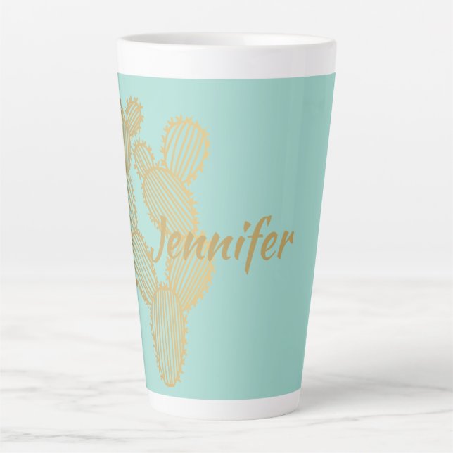 Gold Prickly Cactus Doodle Personalized  Latte Mug (Front)