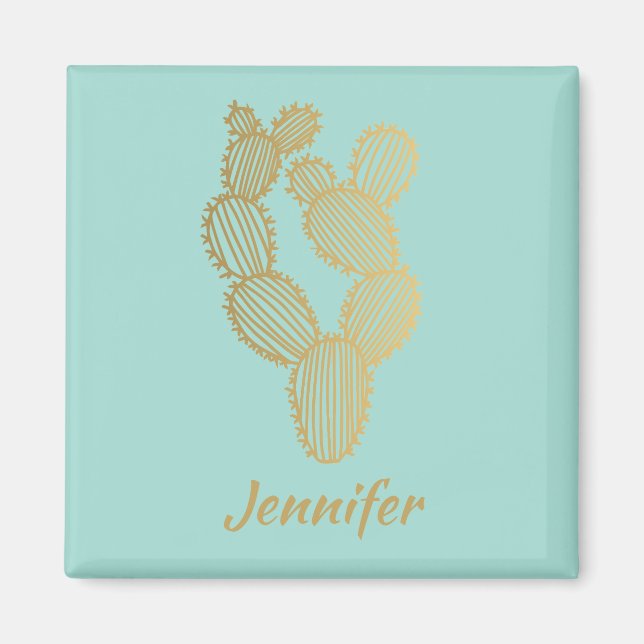 Gold Prickly Cactus Doodle Personalized Magnet (Front)