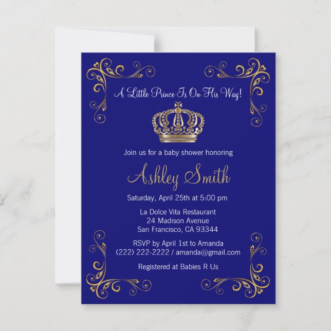 Gold Prince Baby Shower Invitation - Personalized (Front)