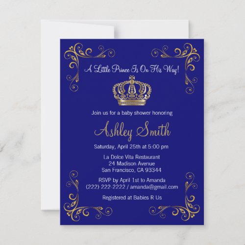 Gold Prince Baby Shower Invitation _ Personalized