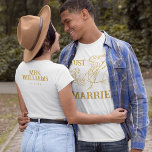Gold Princess Belle & Beast | Just Married T-Shirt<br><div class="desc">Celebrate your tale as old as time with our "Just Married" Belle and Beast Shirt! Featuring the beloved characters from Beauty and the Beast, this enchanting design captures the romance and magic of your wedding day. Perfect for newlyweds, this shirt is a beautiful reminder of your love story. The back...</div>