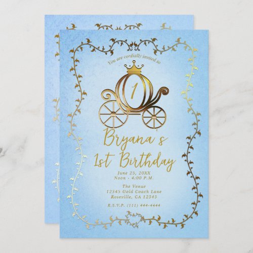 Gold Princess Carriage Blue Storybook 1st Birthday Invitation