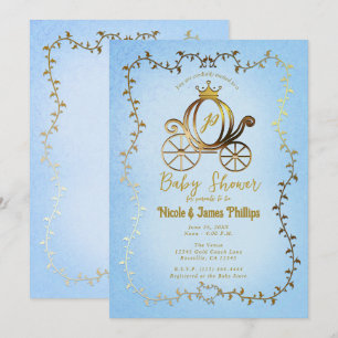 Gold Princess Carriage Blue Storybook Baby Shower  Invitation