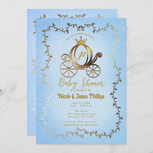 Gold Princess Carriage Blue Storybook Baby Shower  Invitation