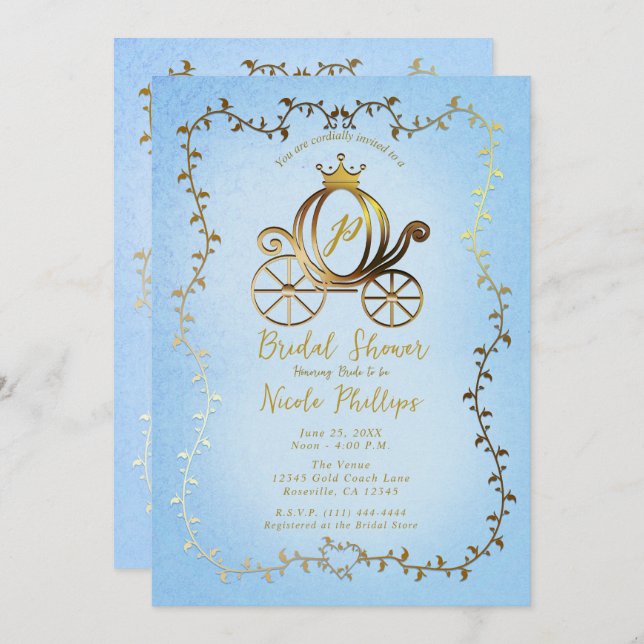 Gold Princess Carriage Blue Storybook Bridal  Invitation (Front/Back)