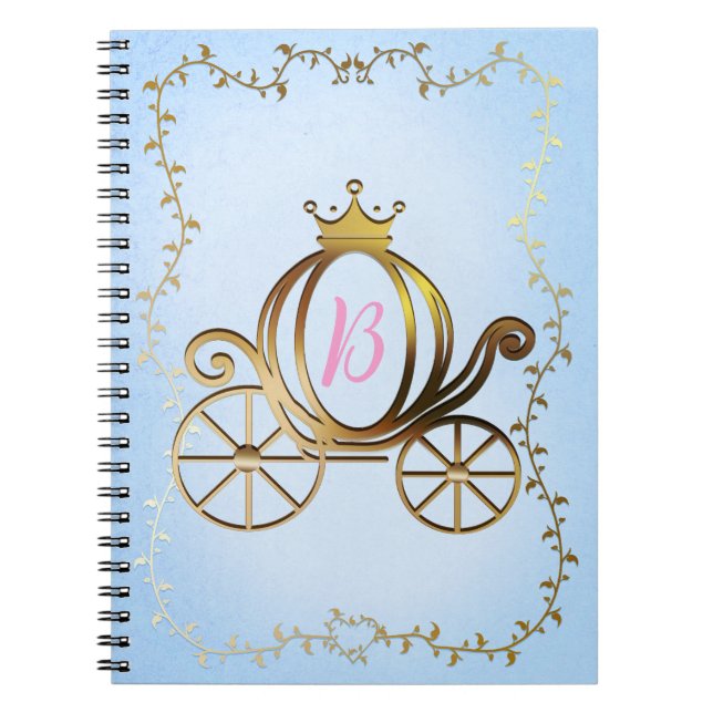 Gold Princess Carriage Blue Storybook Personalized Notebook (Front)