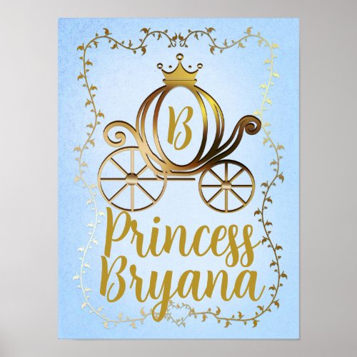 Gold Princess Carriage Blue Storybook Personalized Poster